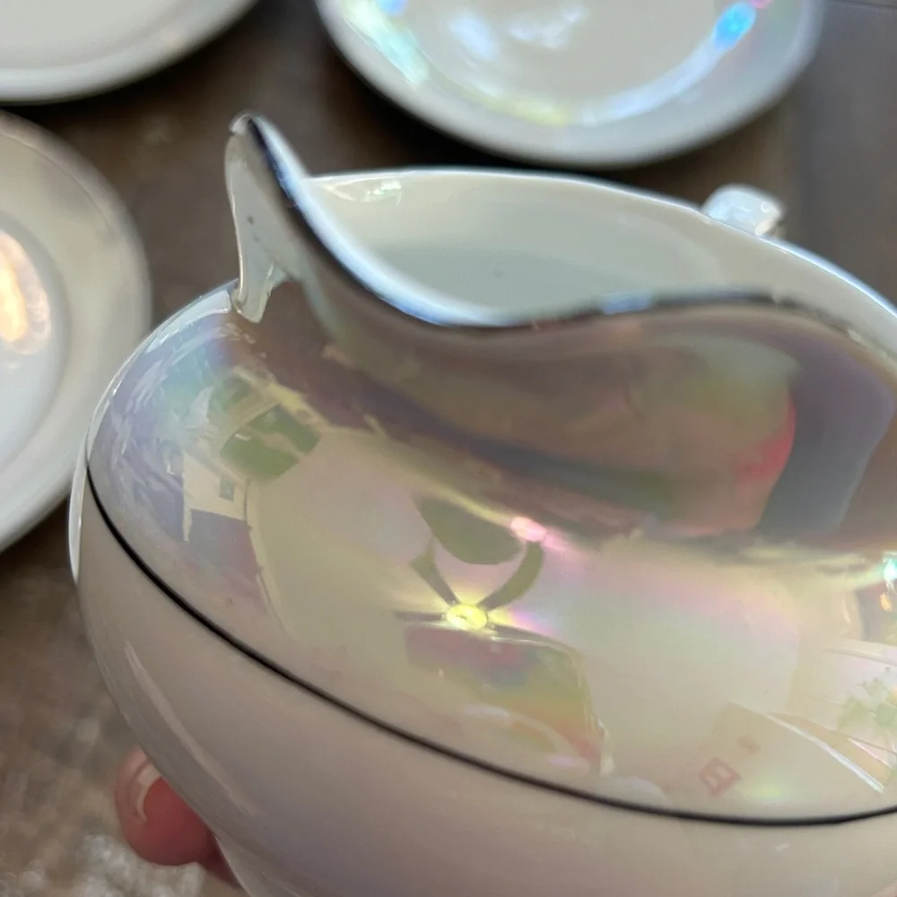 Z.S.C. Bavaria Iridescent Floral Porcelain Lunch Plates Tea Cups Saucers Sugar‎